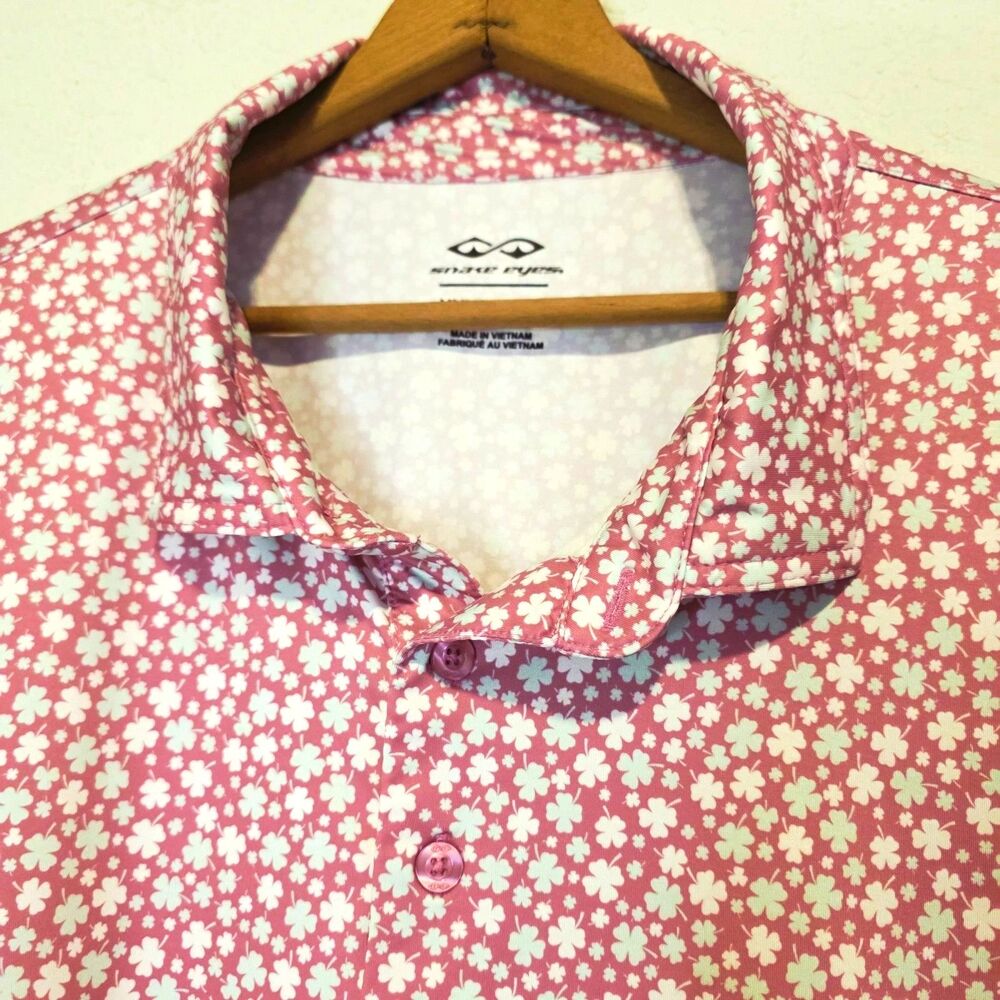 Snake Eyes Golf Polo Shirt Pink & White Clover Print Performance EUC SZ 3XL